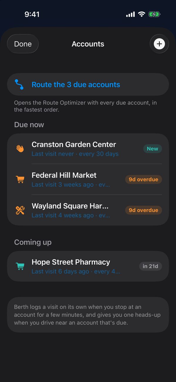 Accounts: stores and clients you visit screen in Berth