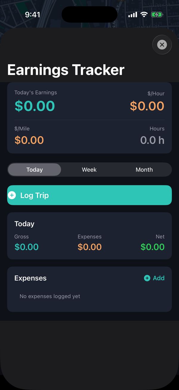 Earnings Tracker (rideshare and delivery) screen in Berth