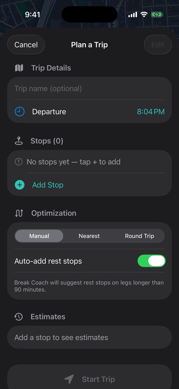 Plan a Trip screen in Berth
