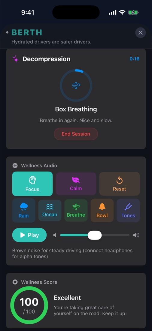 Box Breathing session in progress with a timer ring and spoken cue