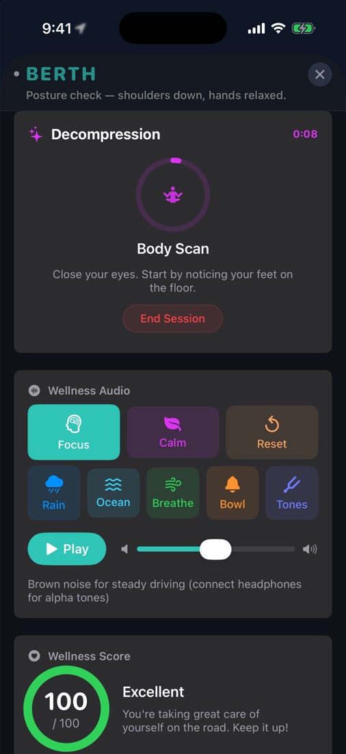Berth Wellness Hub showing Drive Readiness and the four decompression modes